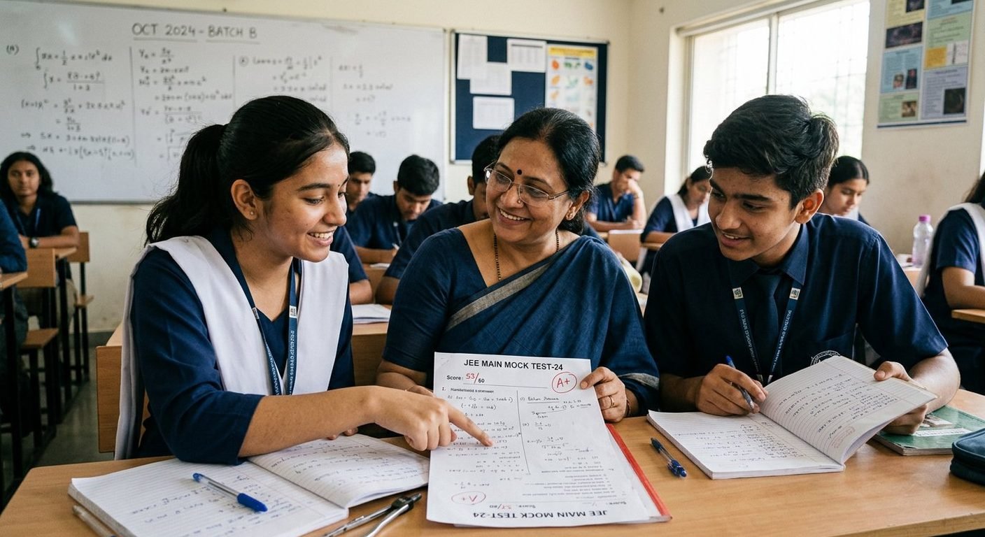 Teacher reviewing a mock test paper with two students at Engineers' Academy Panvel