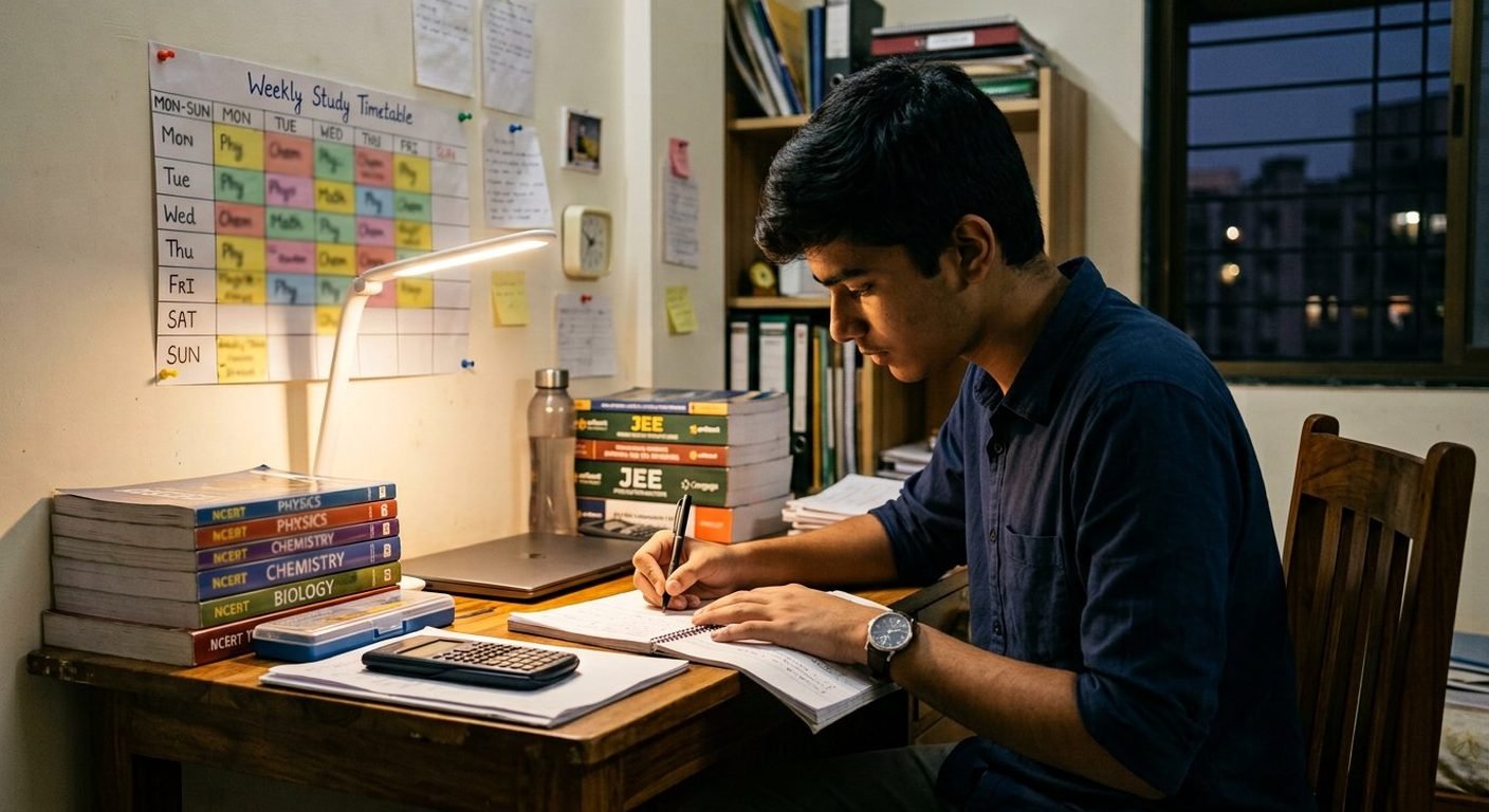 A Class XII student studying with a weekly timetable and NCERT and JEE books at a home desk