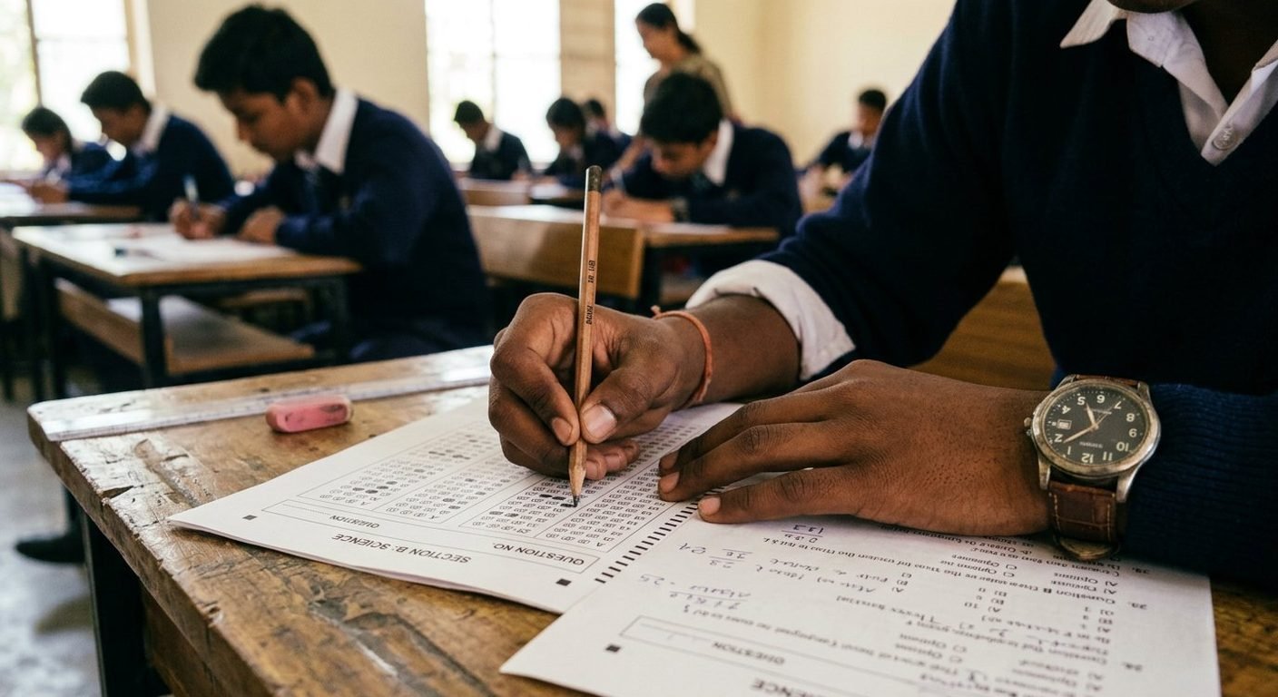 A student filling an OMR answer sheet during a timed classroom test