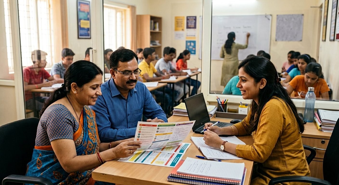 Parents reviewing a checklist with a counsellor during a coaching institute visit