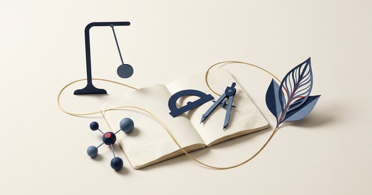 Editorial illustration connecting a notebook, geometry tools, a pendulum model, molecular spheres and a leaf across four foundation subjects