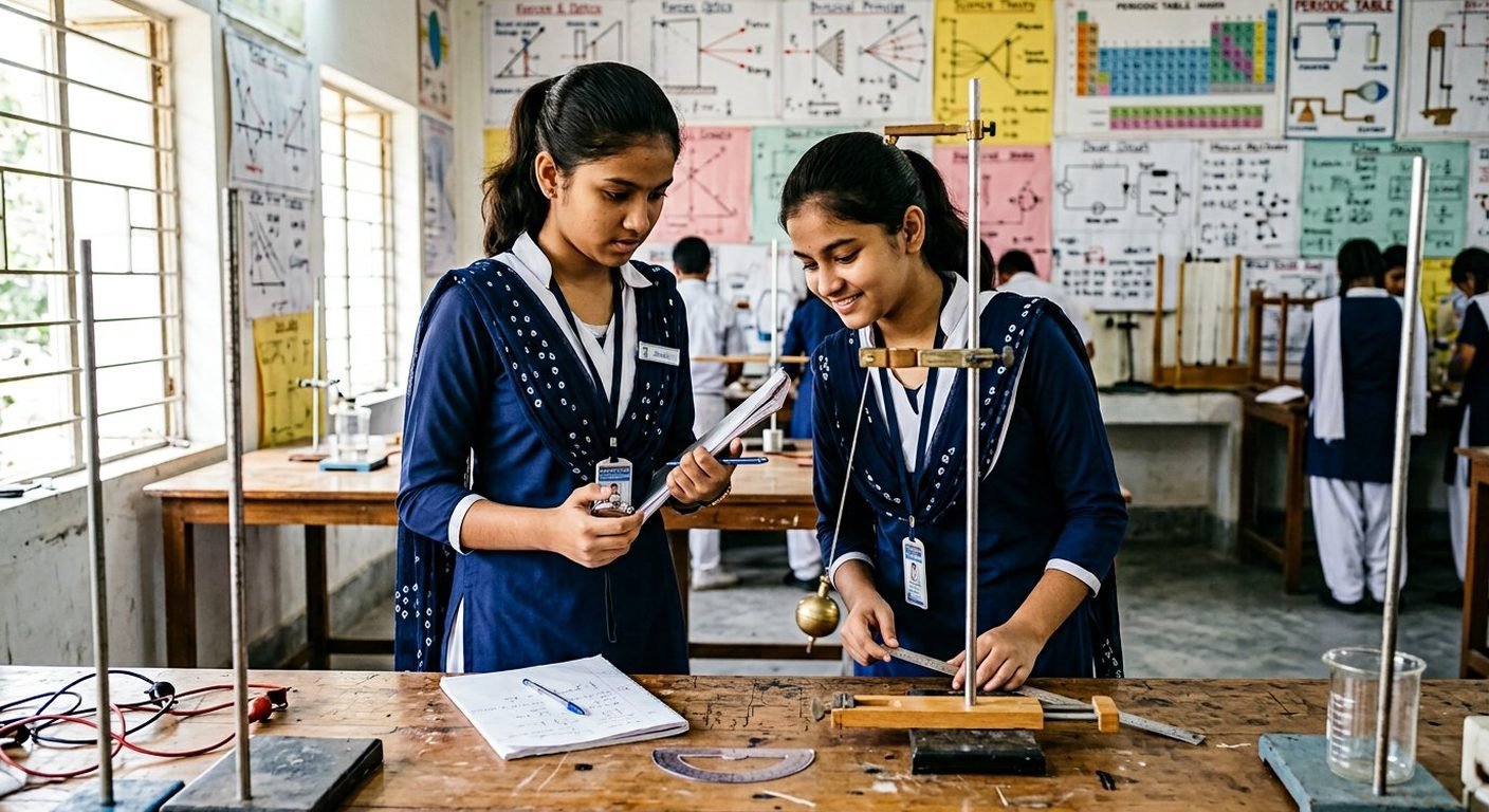 School students running a pendulum experiment in a science lab