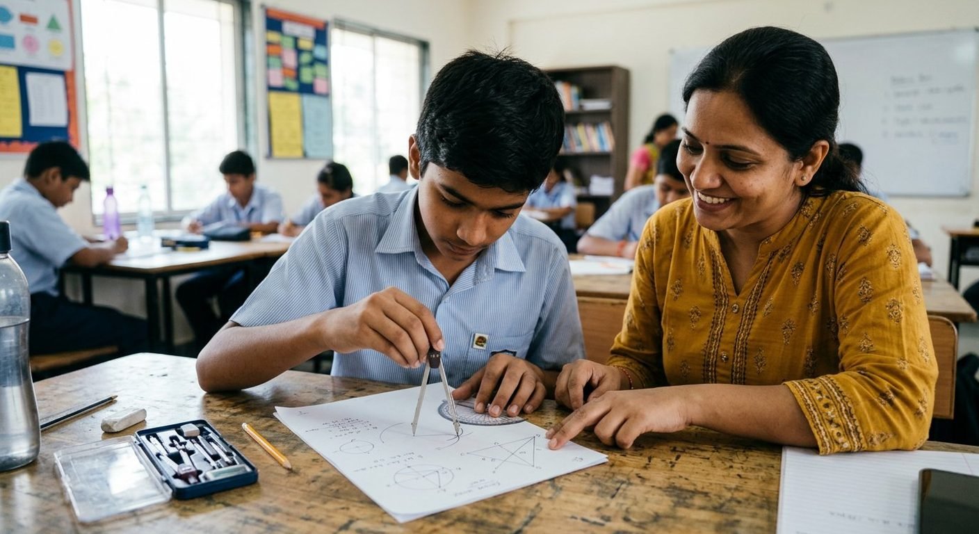 A mentor guiding a Class 9 student through geometry constructions
