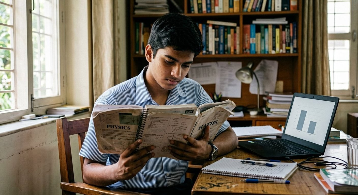A student comparing physics and maths preparation books beside a laptop chart