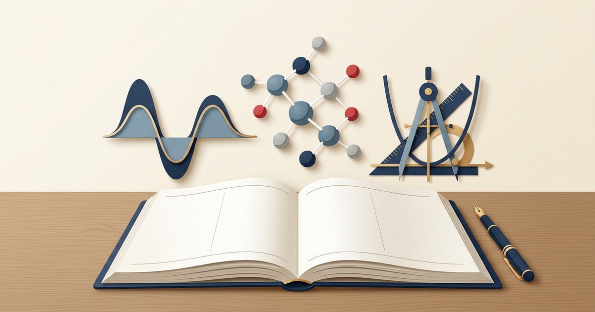 Editorial illustration of an open study planner with a physics wave, a molecular model and geometry instruments representing senior-secondary PCM