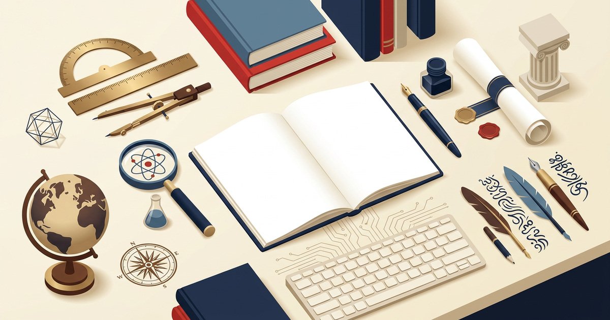 Editorial illustration of a study notebook, books, geometry tools, a globe and science objects representing balanced school-subject preparation