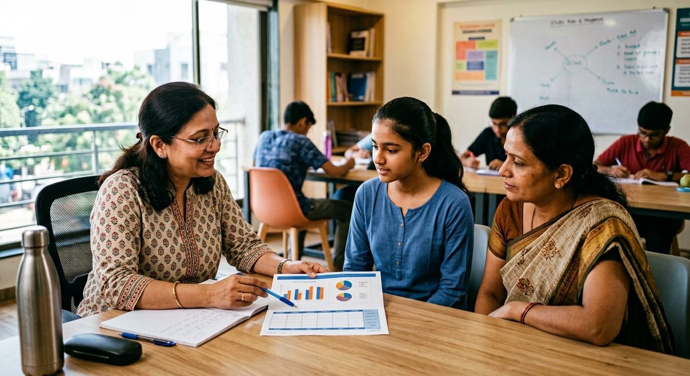 Counsellor mapping a study plan with a student and parent at Engineers' Academy Panvel